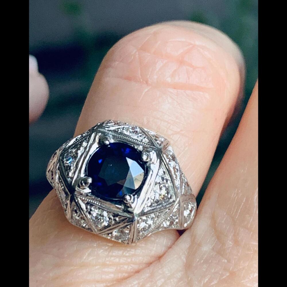 Sapphire Ring Platinum Old Cut Diamond Edwardian Engagement Ring Platinum 1910s - Picture 4 of 9